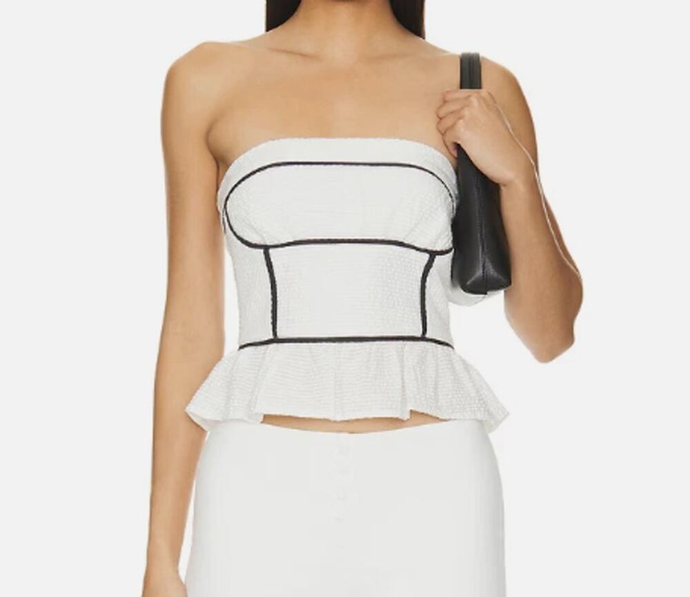 Free People XL Strapless Peplum Top White Black Trim Tie Back Cotton